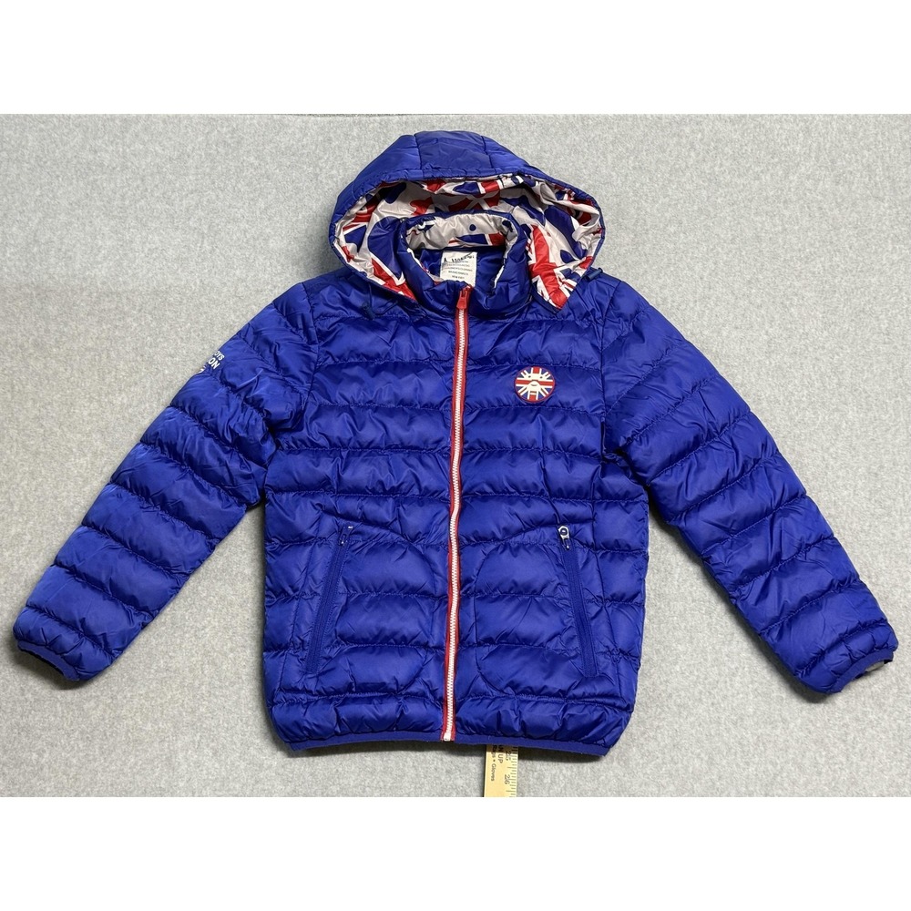 Naissi Jacket Boys 12-13 Blue Hooded Puffer Union Jack Flag Lining Zip Pockets